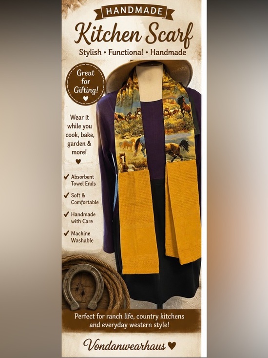 Hand Crafted Other - Handmade Wild Horse Print Kitchen Scarf  in Mustard and Multi